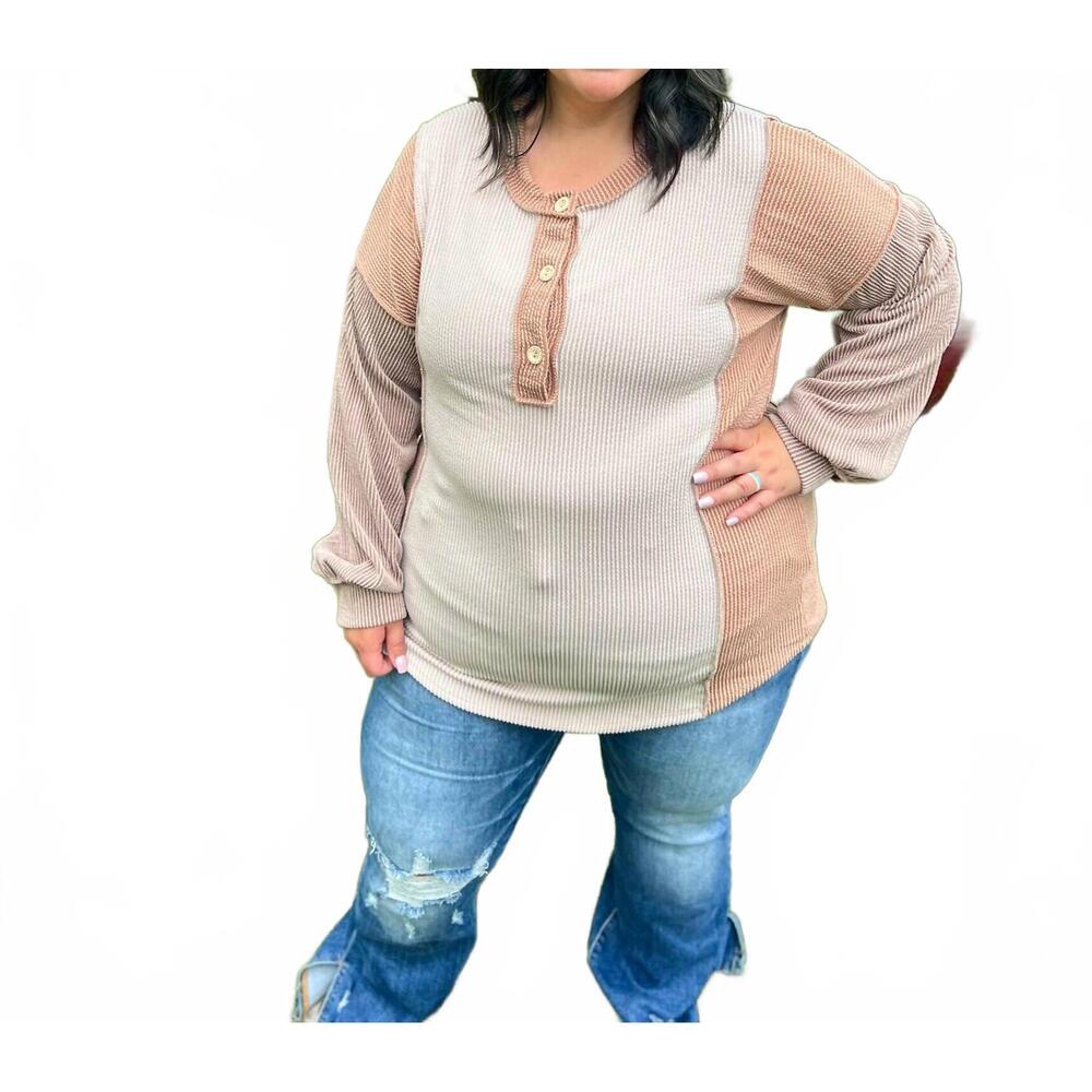 NEW LOVELY MELODY erin color block long sleeve top in taupe